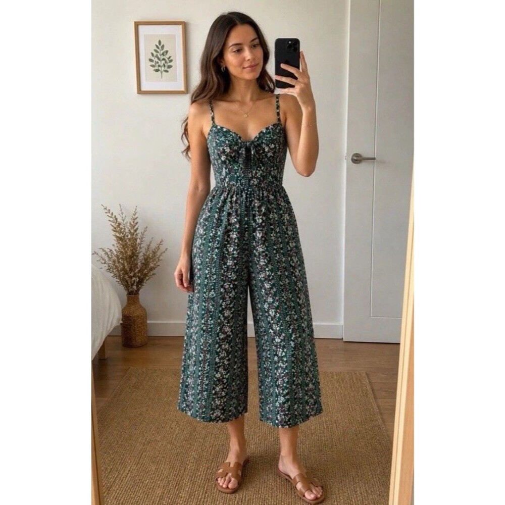 AUW Women Floral Jumpsuit Size L Green Wide Leg Bow Front Summer Casual